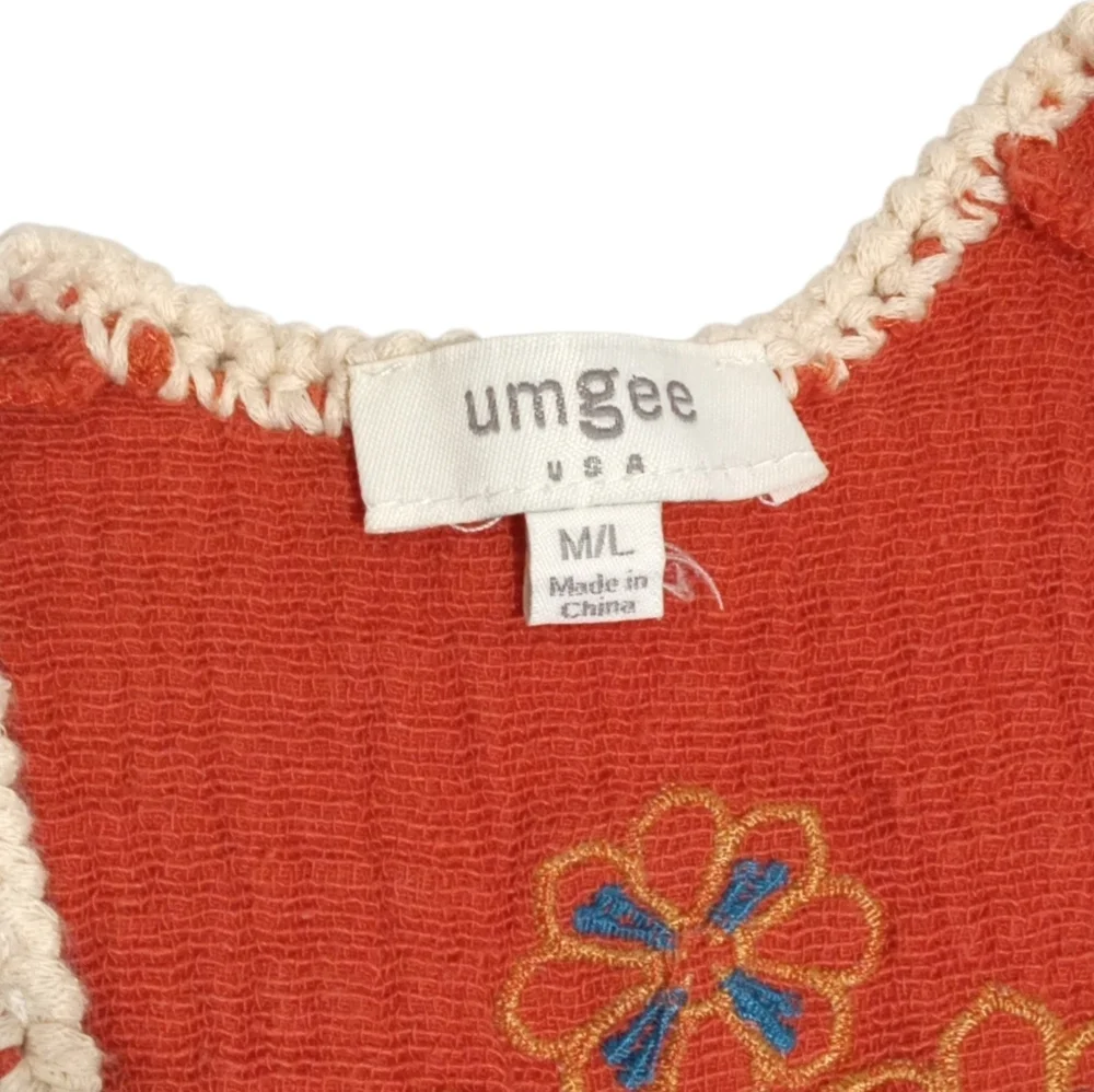 Umgee Rust Fringe Hem Boho Embroidered Floral Open Kimono Cardigan Sz M/L